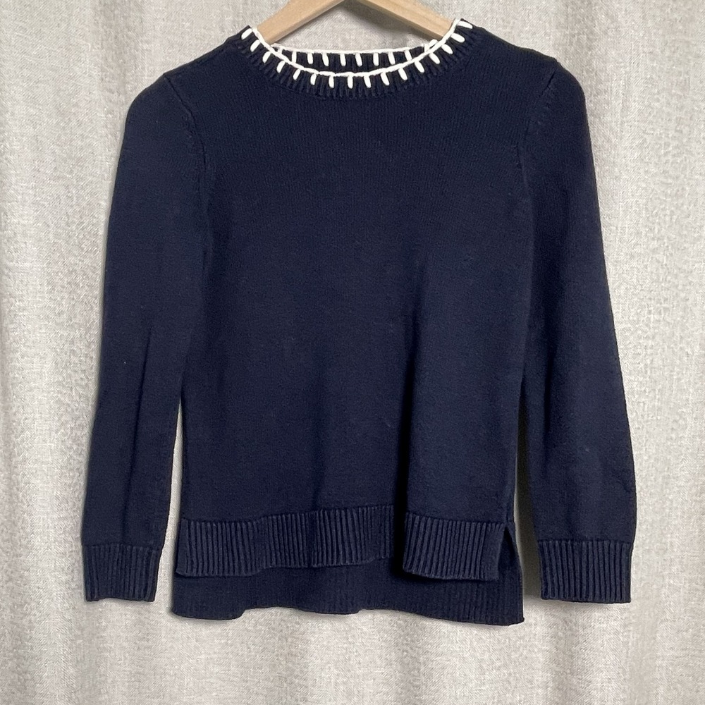 NIC+ZOE Cashmere Blend Sweater Womens XS Navy Blue Blanket Stitch